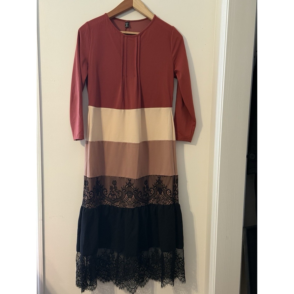 Colorblock Lace Long Sleeve Maxi Dress Pink Beige Black 10/12 formal church